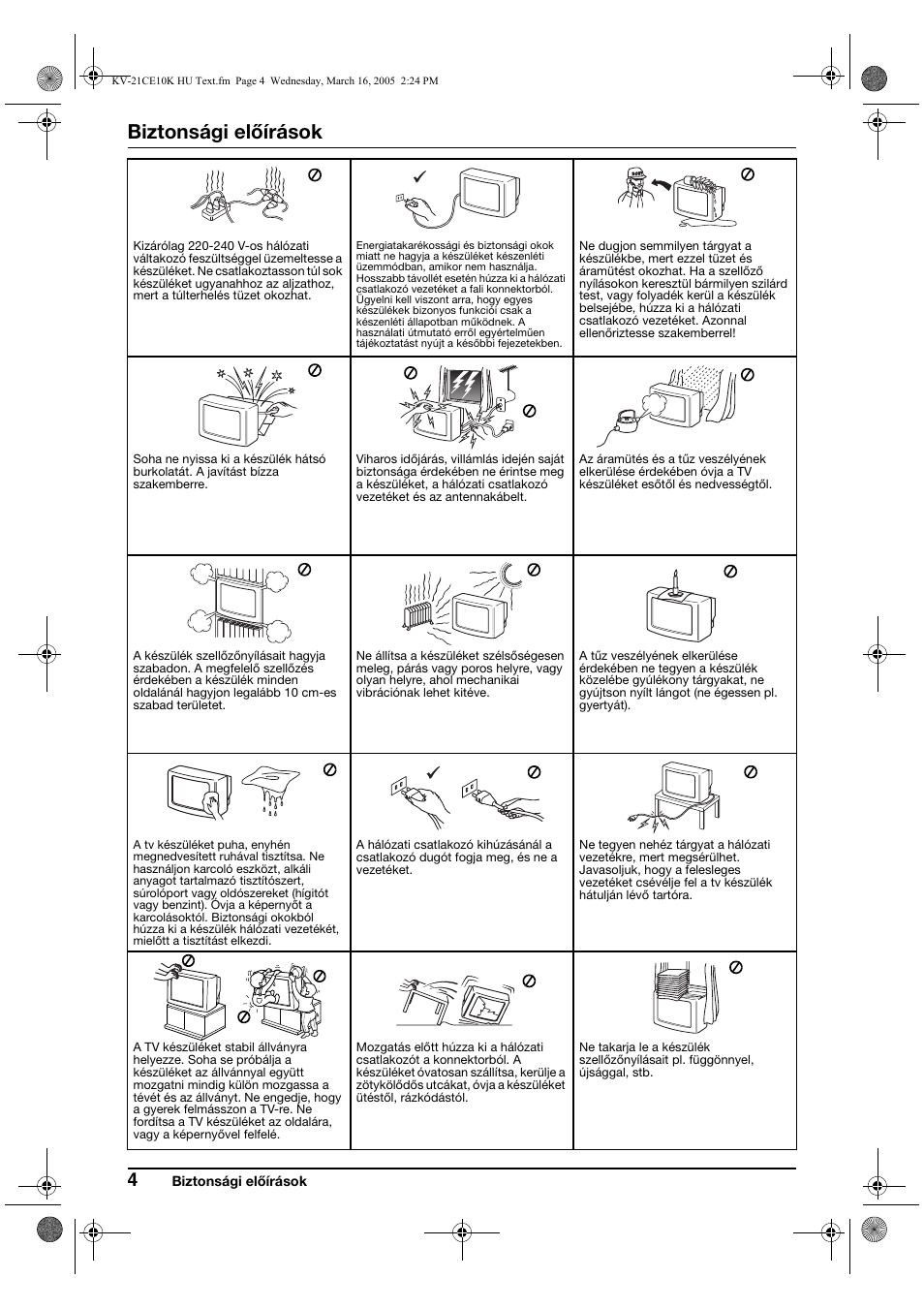 Biztonsági előírások | Sony KV-21CE10K User Manual | Page 52 / 116