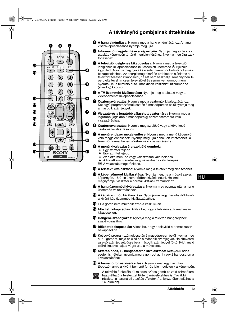 A távirányító gombjainak áttekintése | Sony KV-21CE10K User Manual | Page 53 / 116