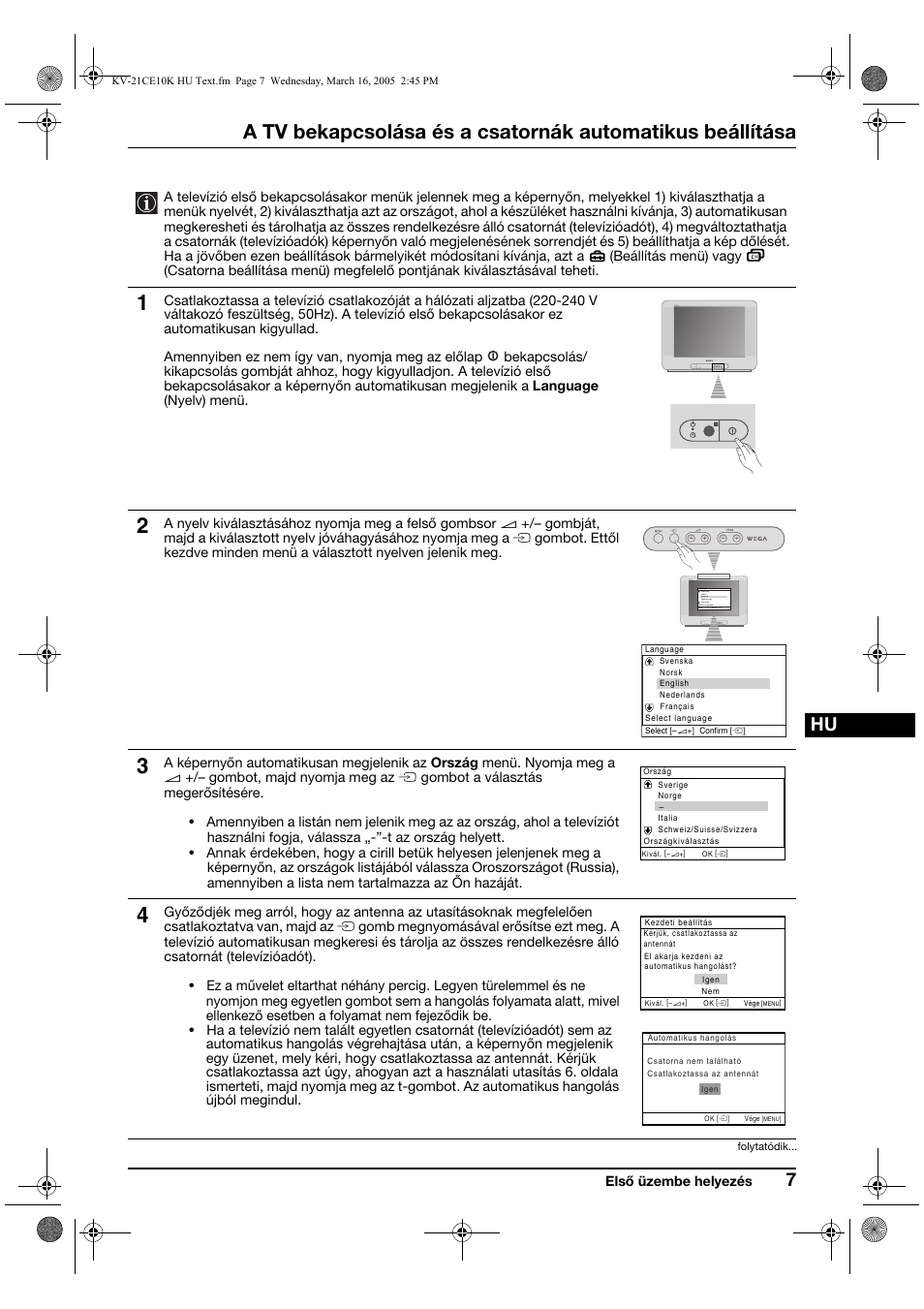 Első üzembe helyezés, Menu | Sony KV-21CE10K User Manual | Page 55 / 116