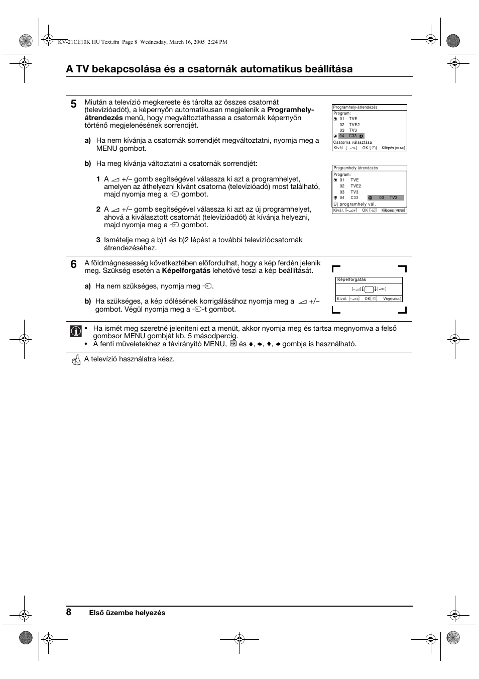 Első üzembe helyezés | Sony KV-21CE10K User Manual | Page 56 / 116