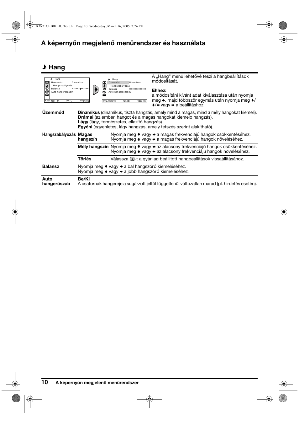 A képernyőn megjelenő menürendszer és használata, Hang | Sony KV-21CE10K User Manual | Page 58 / 116