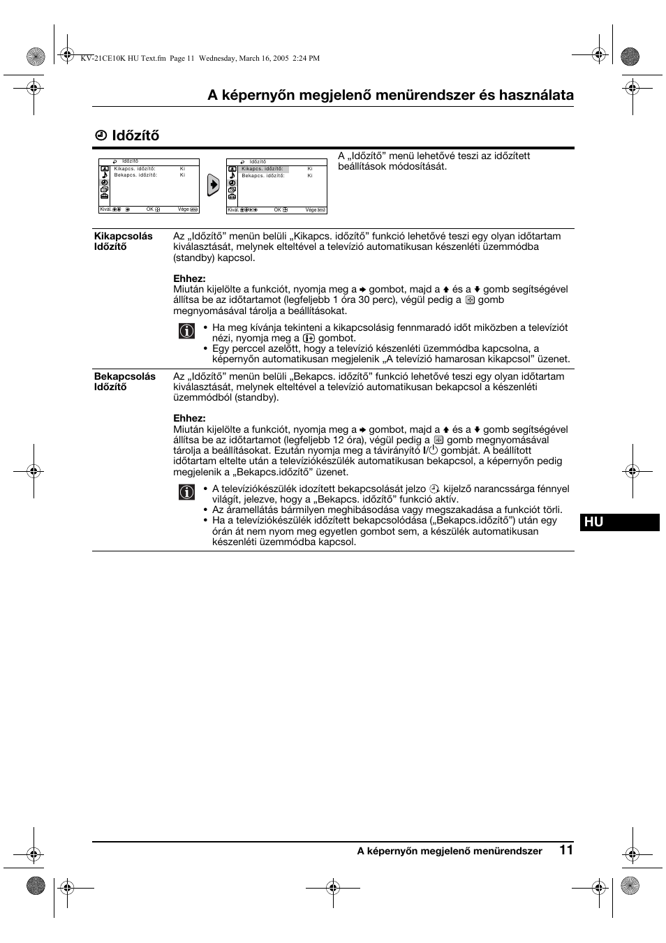 A képernyőn megjelenő menürendszer és használata, Időzítő | Sony KV-21CE10K User Manual | Page 59 / 116