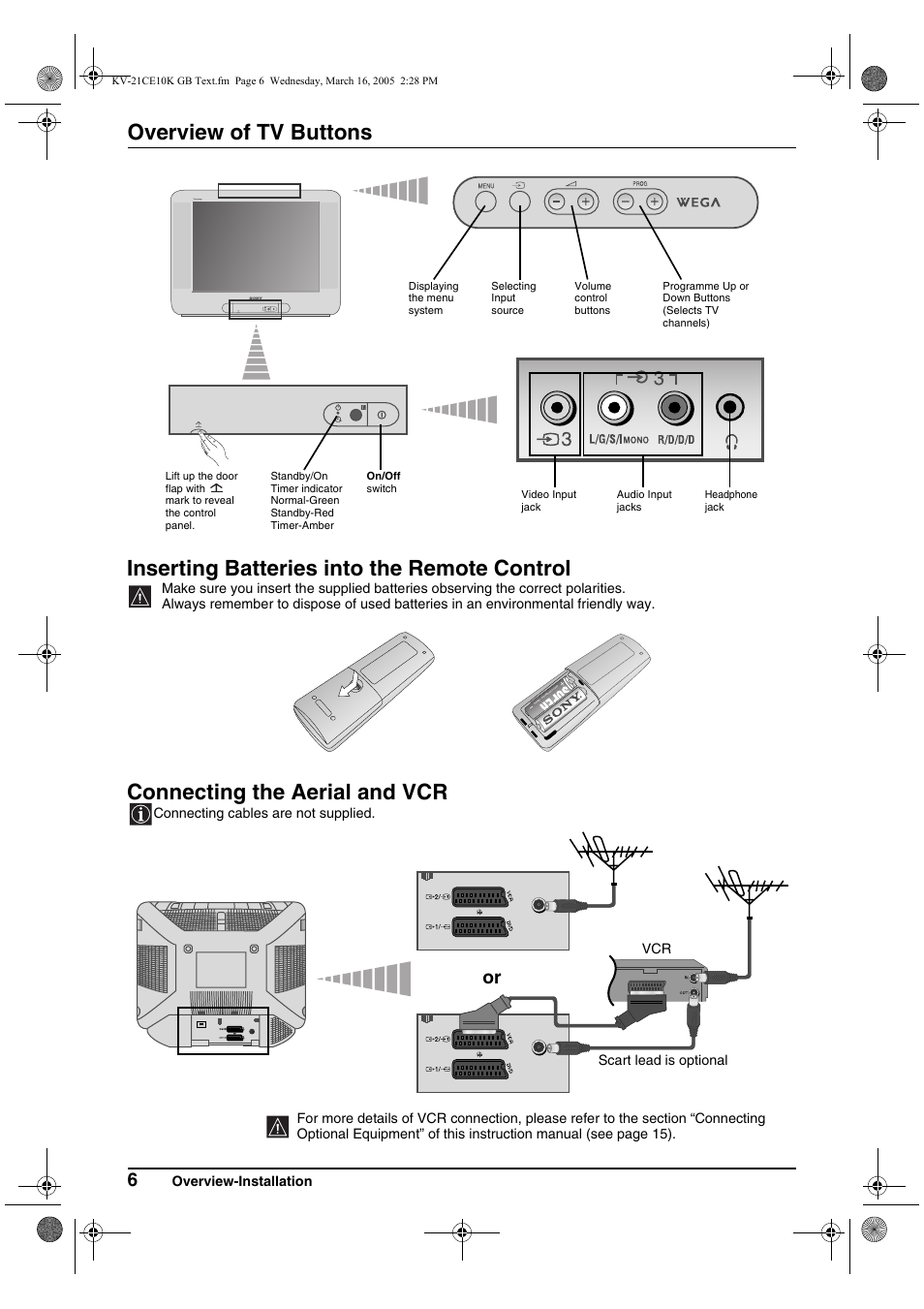 Overview of tv buttons, Inserting batteries into the remote control, Connecting the aerial and vcr | Overview-installation, Connecting cables are not supplied | Sony KV-21CE10K User Manual | Page 6 / 116