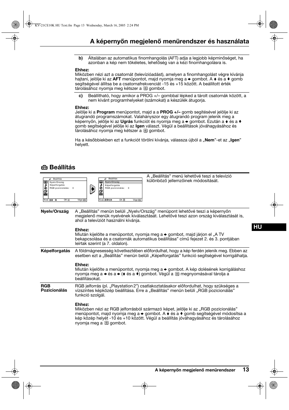 A képernyőn megjelenő menürendszer és használata, Beállítás | Sony KV-21CE10K User Manual | Page 61 / 116