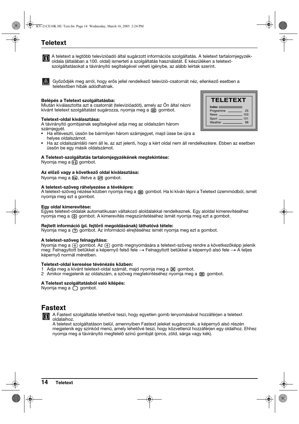 Fastext, Teletext | Sony KV-21CE10K User Manual | Page 62 / 116