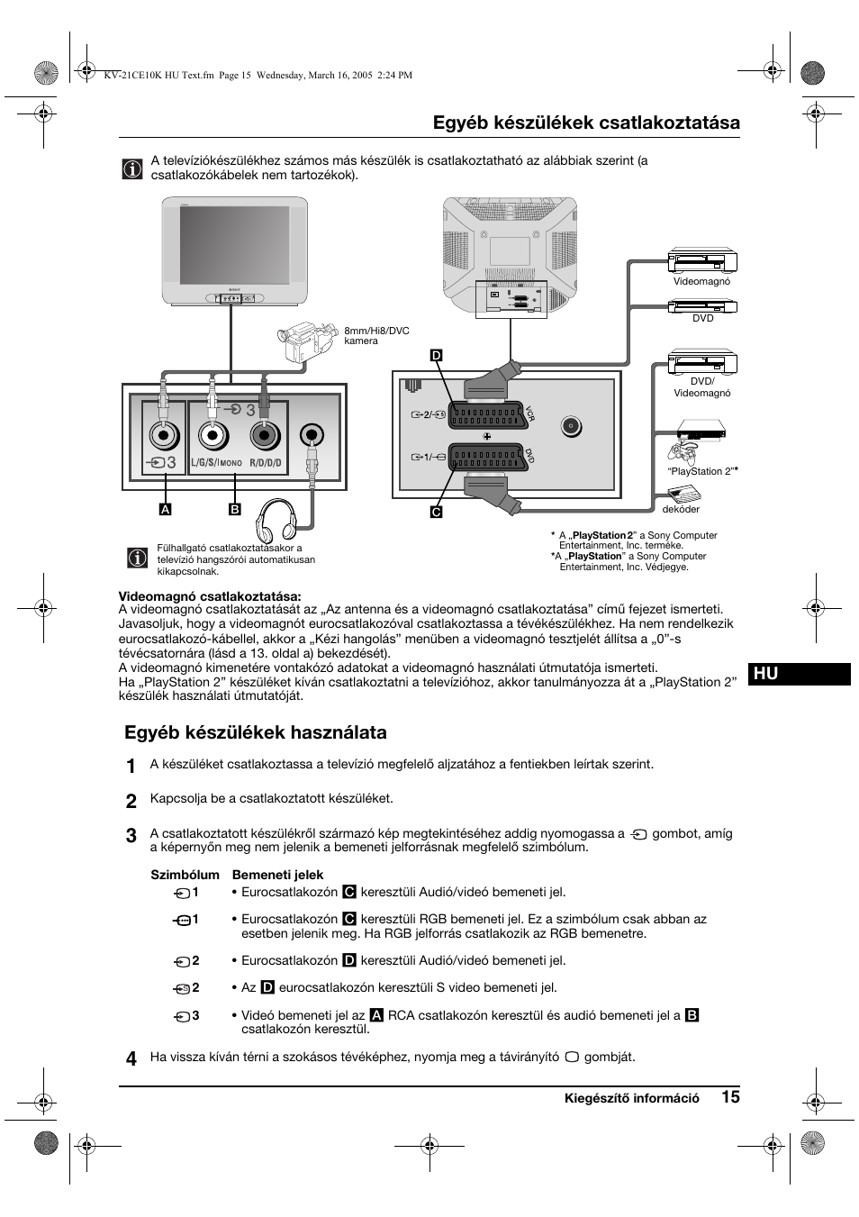 Egyéb készülékek csatlakoztatása, Egyéb készülékek használata | Sony KV-21CE10K User Manual | Page 63 / 116