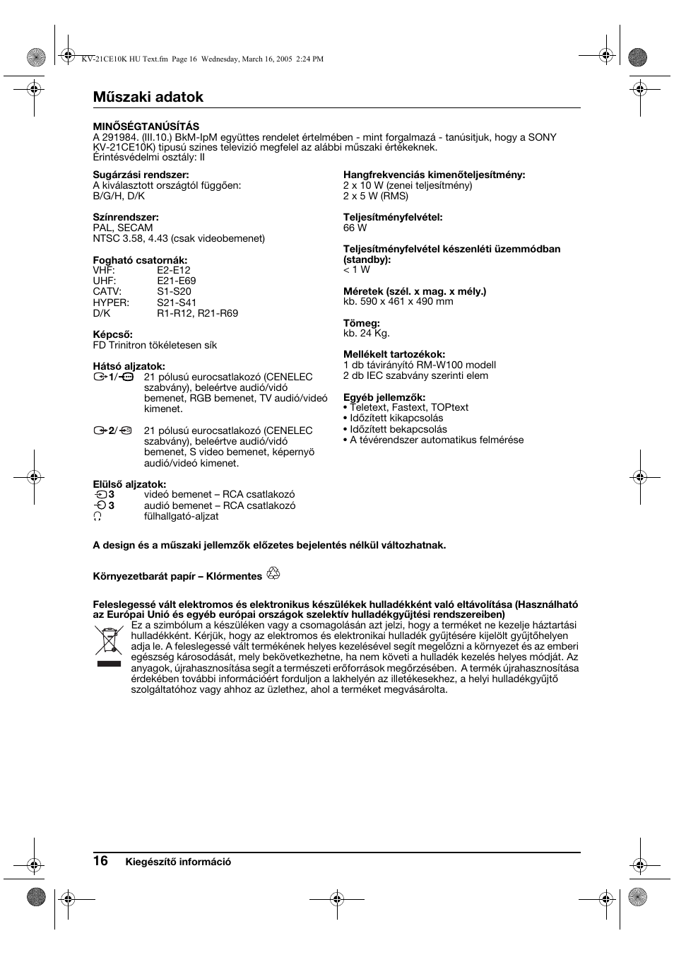 Műszaki adatok | Sony KV-21CE10K User Manual | Page 64 / 116