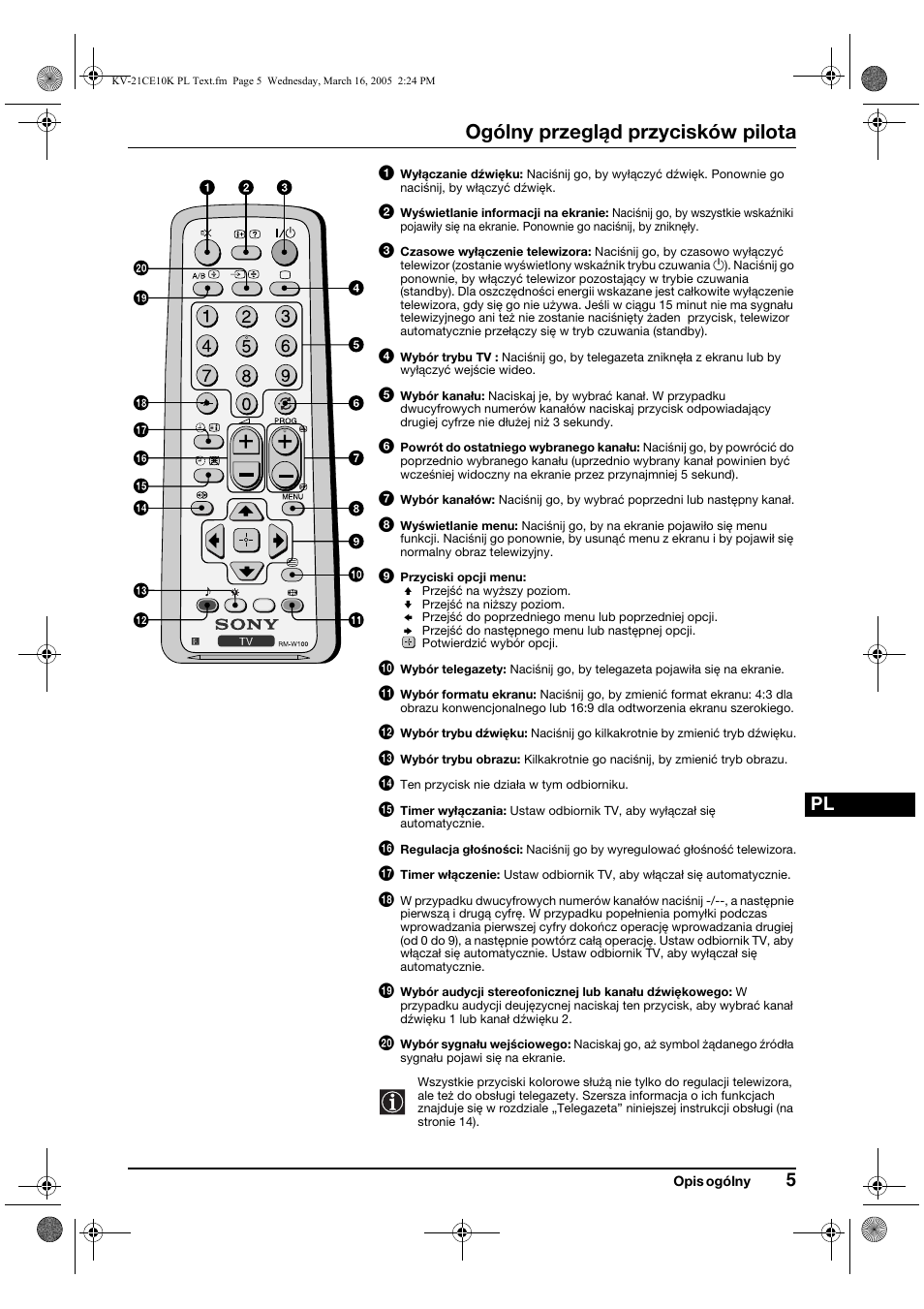 Ogólny przegląd przycisków pilota | Sony KV-21CE10K User Manual | Page 69 / 116