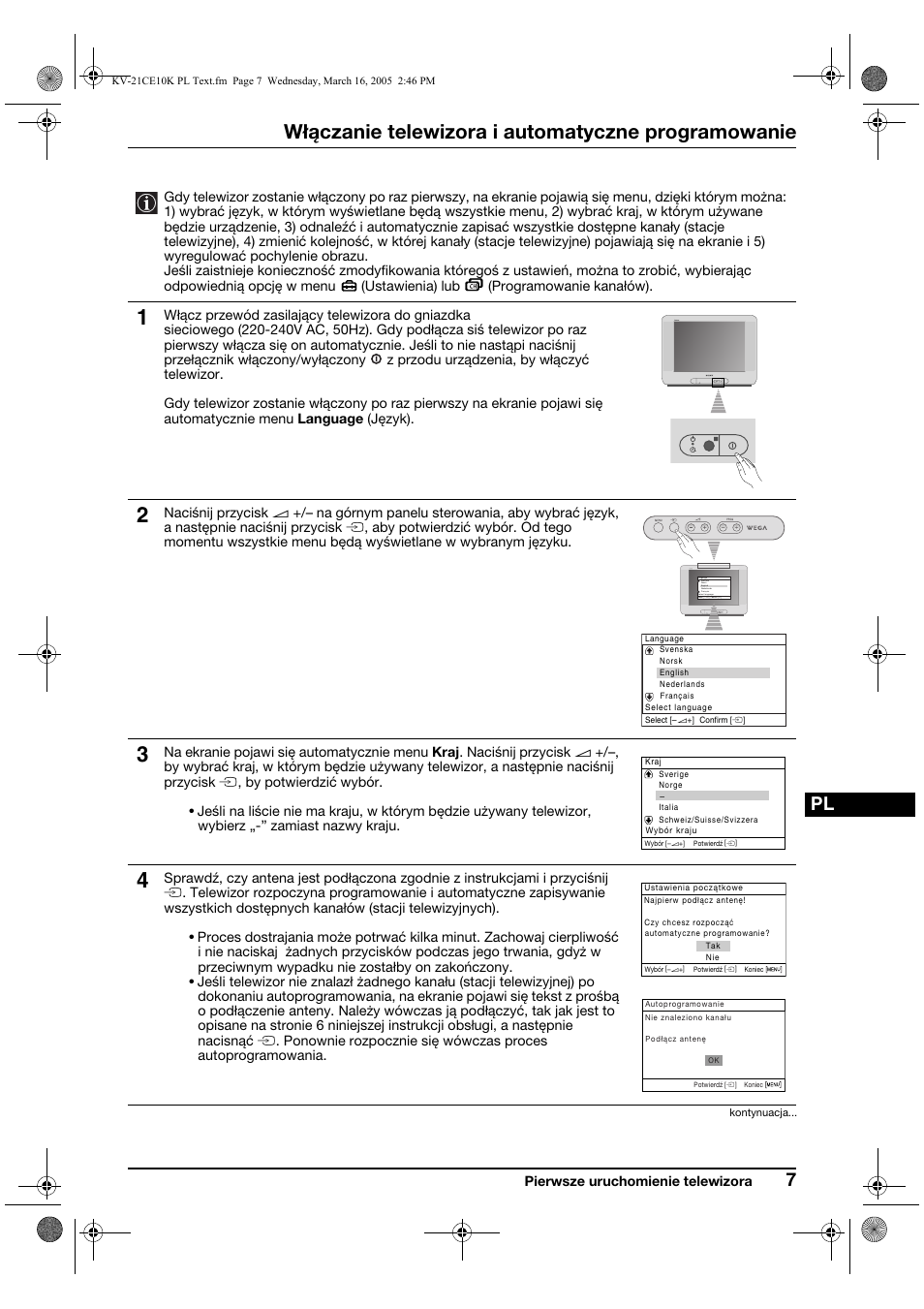 Włączanie telewizora i automatyczne programowanie, Pierwsze uruchomienie telewizora, Menu | Sony KV-21CE10K User Manual | Page 71 / 116