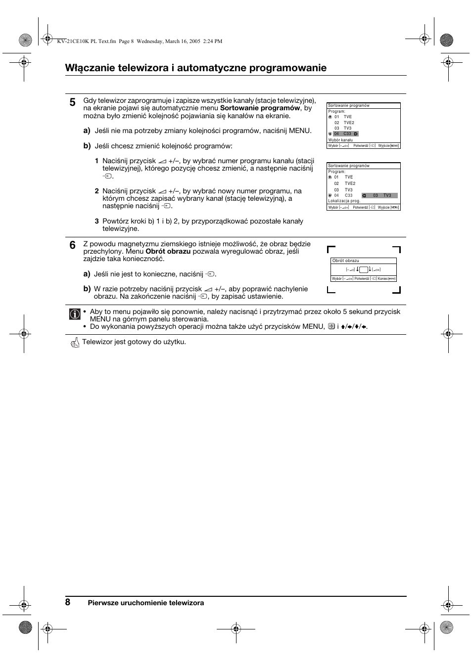 Włączanie telewizora i automatyczne programowanie | Sony KV-21CE10K User Manual | Page 72 / 116