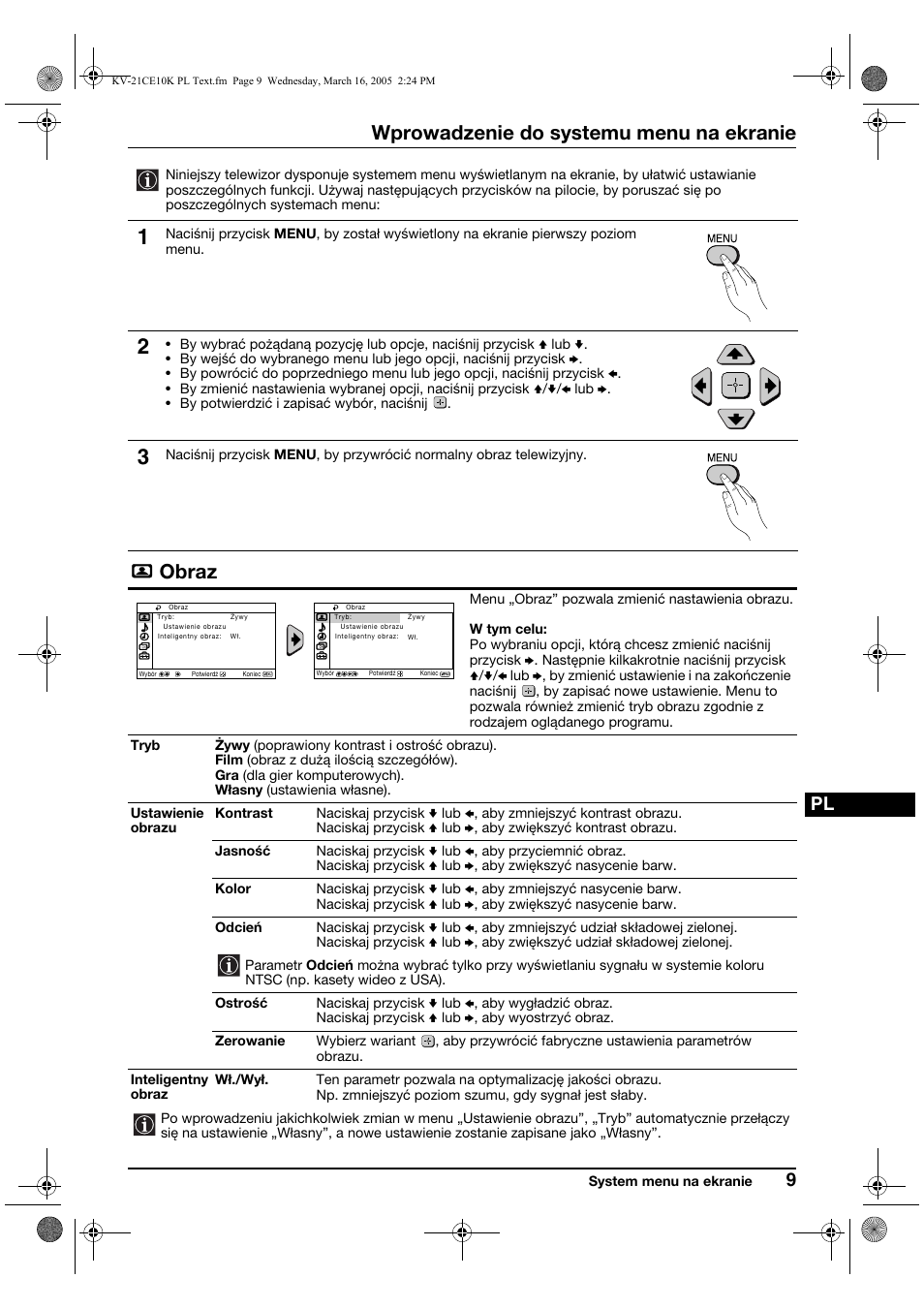 Wprowadzenie do systemu menu na ekranie, Obraz | Sony KV-21CE10K User Manual | Page 73 / 116