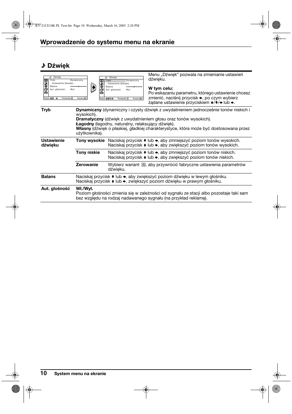 Wprowadzenie do systemu menu na ekranie, Dźwięk | Sony KV-21CE10K User Manual | Page 74 / 116