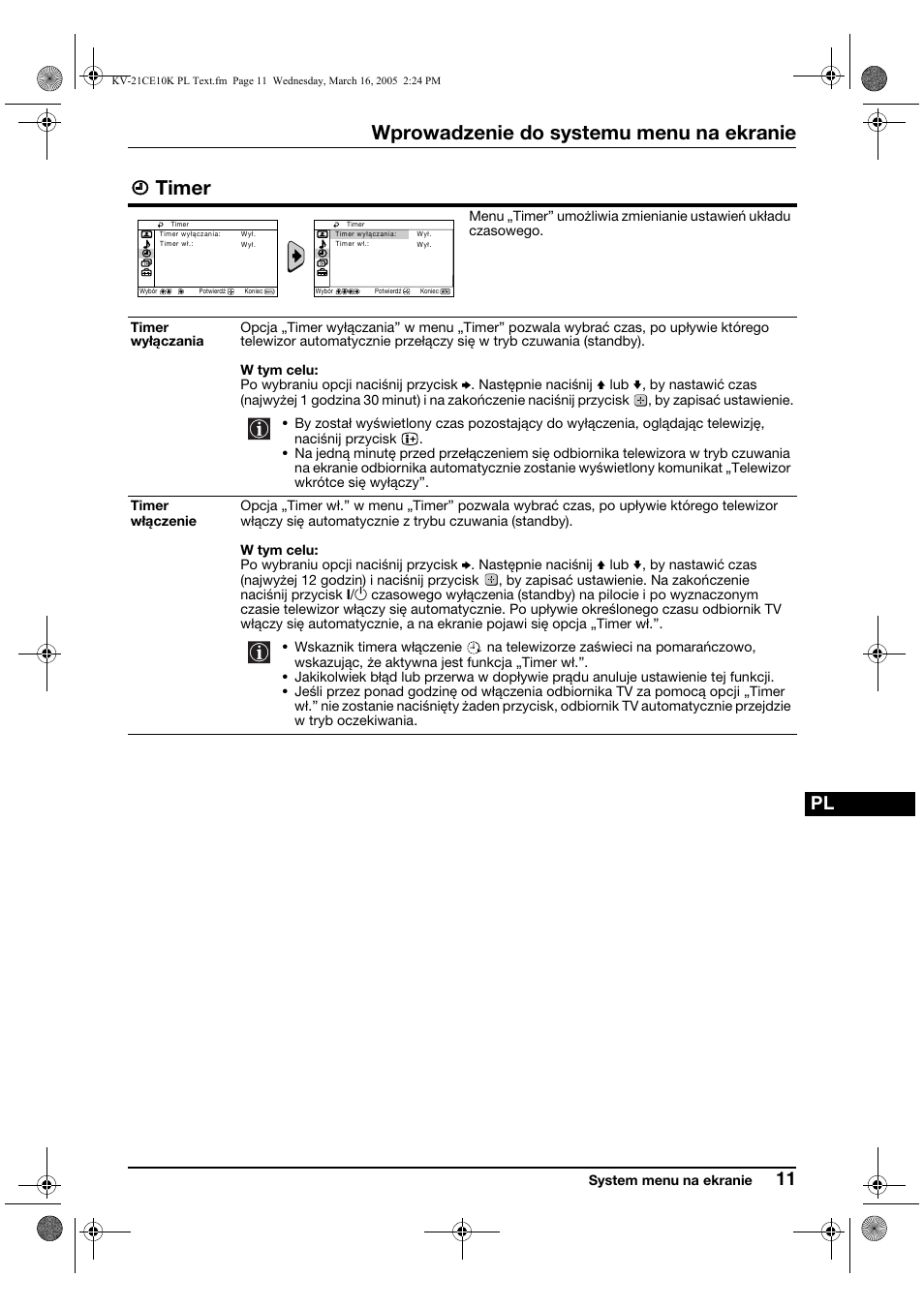 Wprowadzenie do systemu menu na ekranie, Timer | Sony KV-21CE10K User Manual | Page 75 / 116