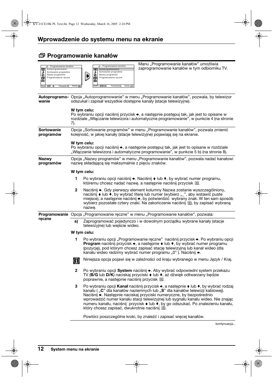 Wprowadzenie do systemu menu na ekranie, Programowanie kanałów | Sony KV-21CE10K User Manual | Page 76 / 116