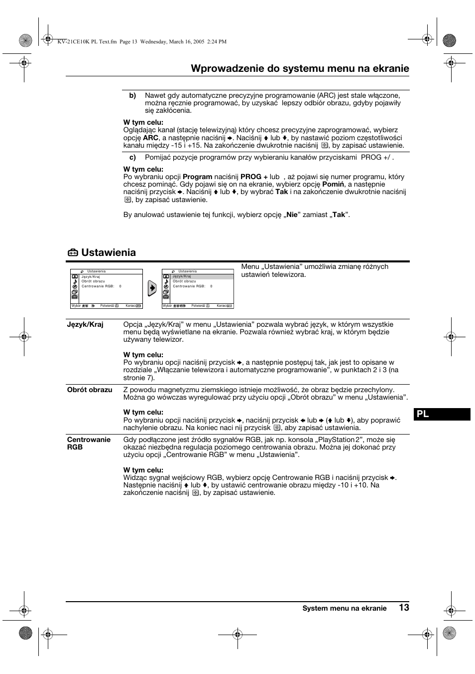 Wprowadzenie do systemu menu na ekranie, Ustawienia | Sony KV-21CE10K User Manual | Page 77 / 116