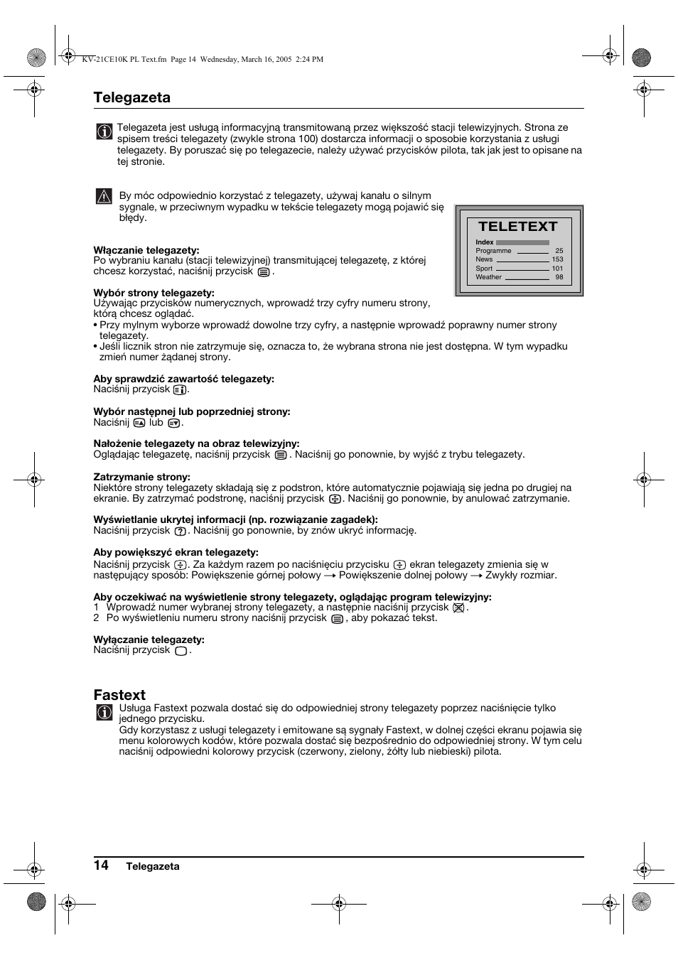 Telegazeta, Fastext, Teletext | Sony KV-21CE10K User Manual | Page 78 / 116