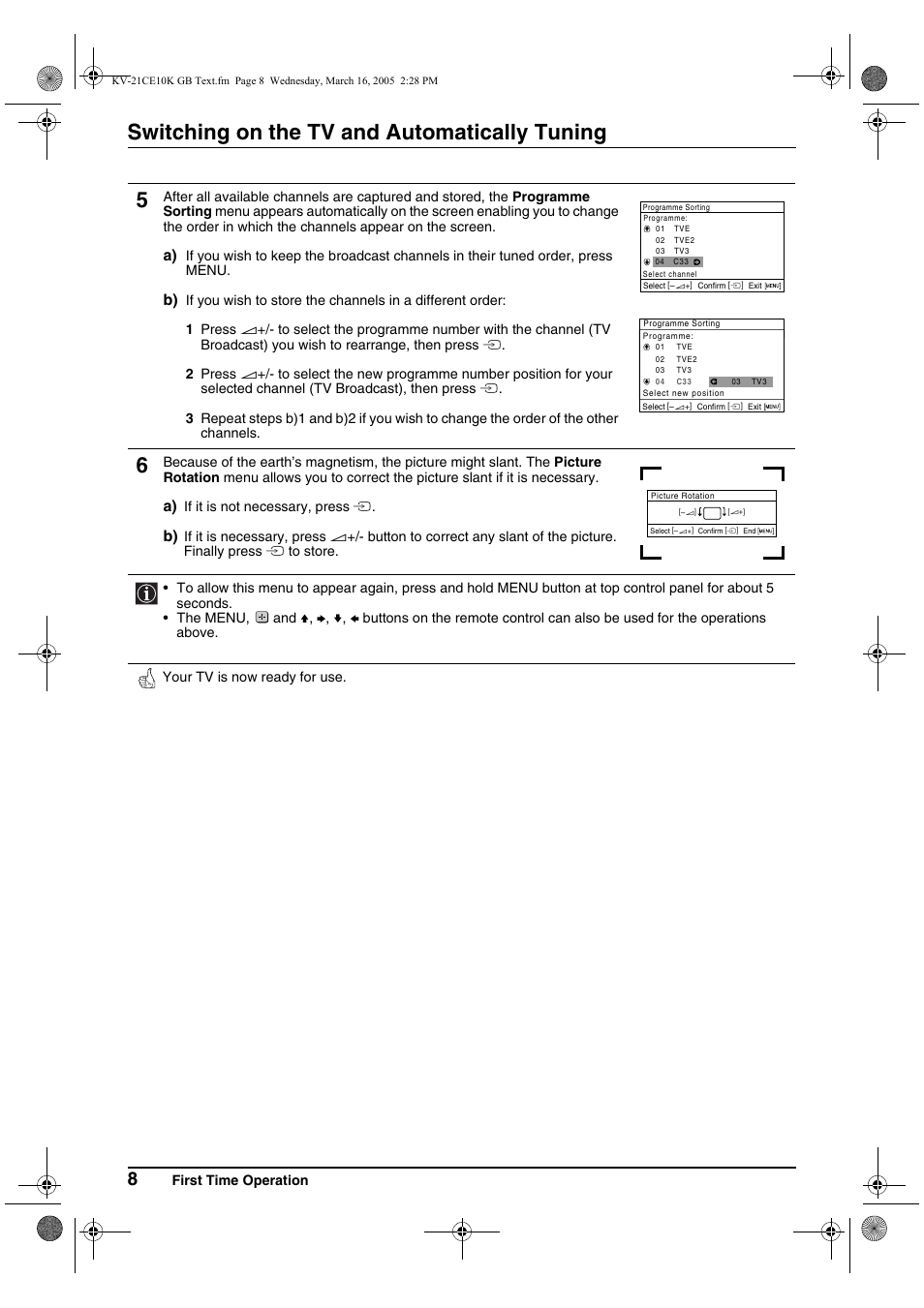 Switching on the tv and automatically tuning 5 | Sony KV-21CE10K User Manual | Page 8 / 116