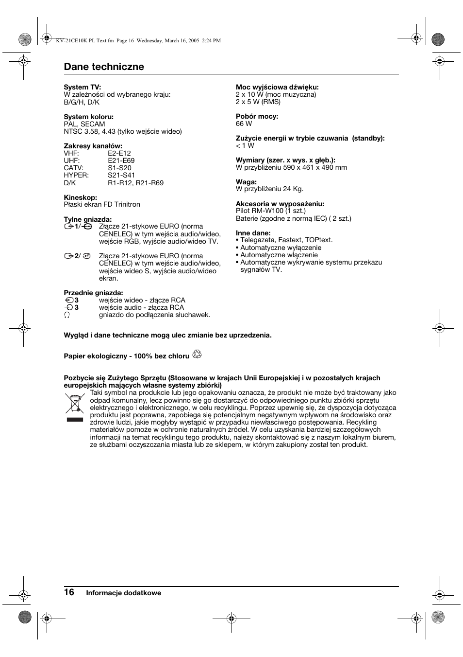 Dane techniczne | Sony KV-21CE10K User Manual | Page 80 / 116