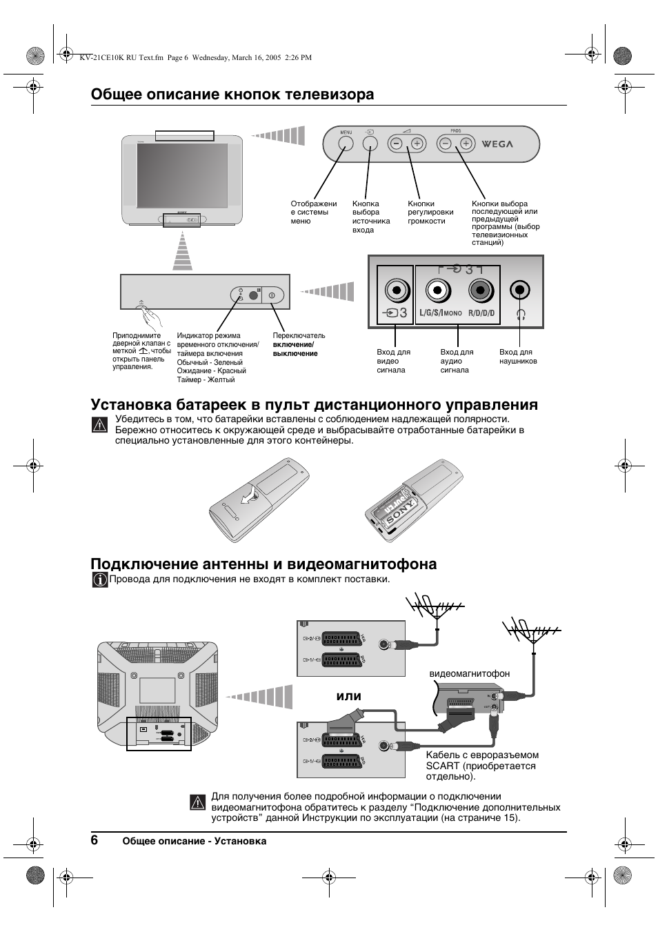 Общee описаниe кнопок тeлeвизора, Подключение антенны и видеомагнитофона, Общee описаниe - установка | Sony KV-21CE10K User Manual | Page 86 / 116