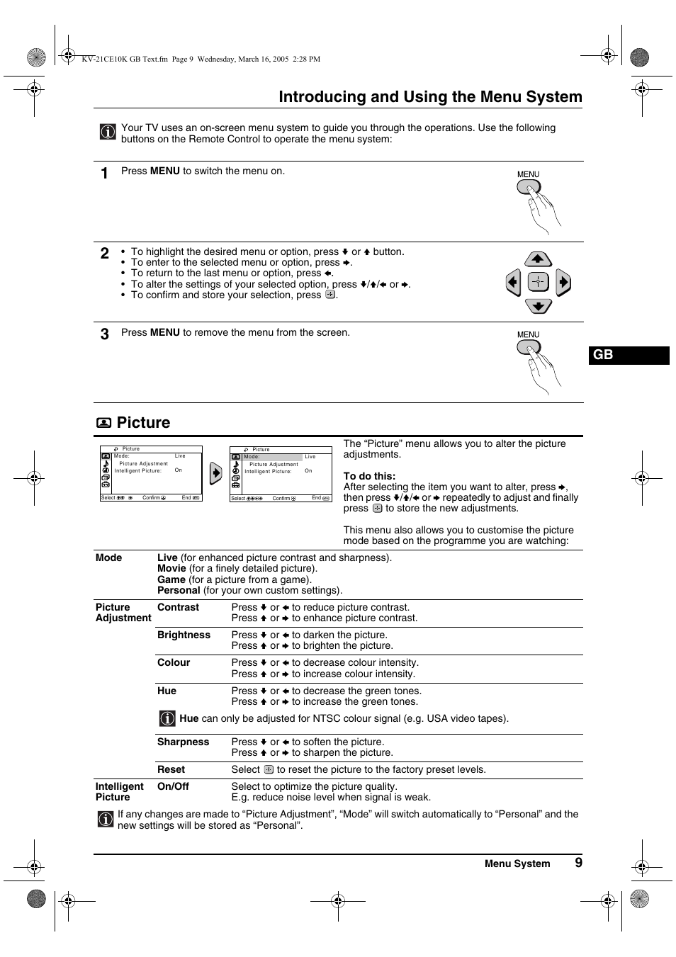 Introducing and using the menu system, Picture | Sony KV-21CE10K User Manual | Page 9 / 116