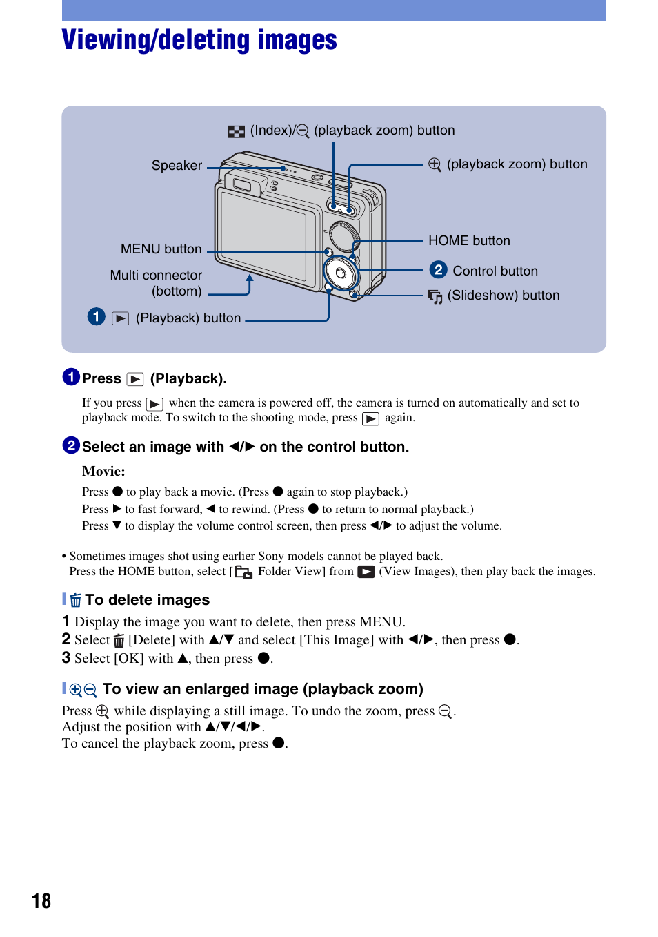 Viewing/deleting images | Sony Cyber-shot 3-294-900-61(1) User Manual | Page 18 / 76