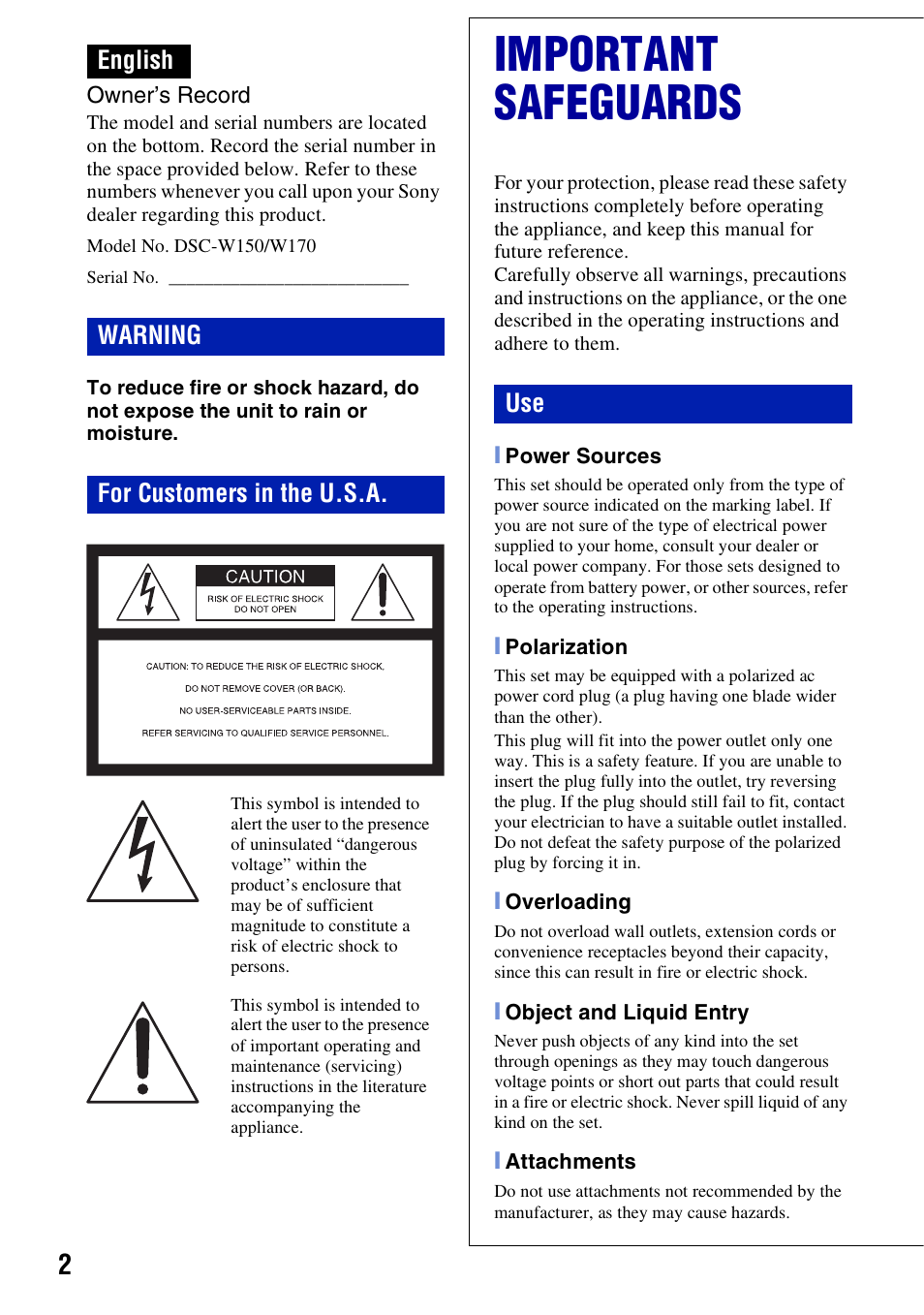 Important safeguards, English warning for customers in the u.s.a | Sony Cyber-shot 3-294-900-61(1) User Manual | Page 2 / 76