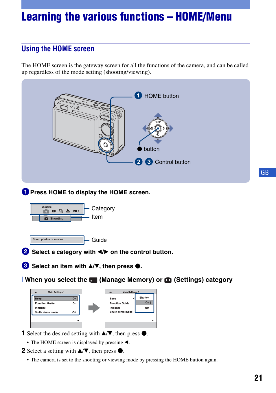 Learning the various functions - home/menu, Using the home screen, Learning the various functions – home/menu | Sony Cyber-shot 3-294-900-61(1) User Manual | Page 21 / 76