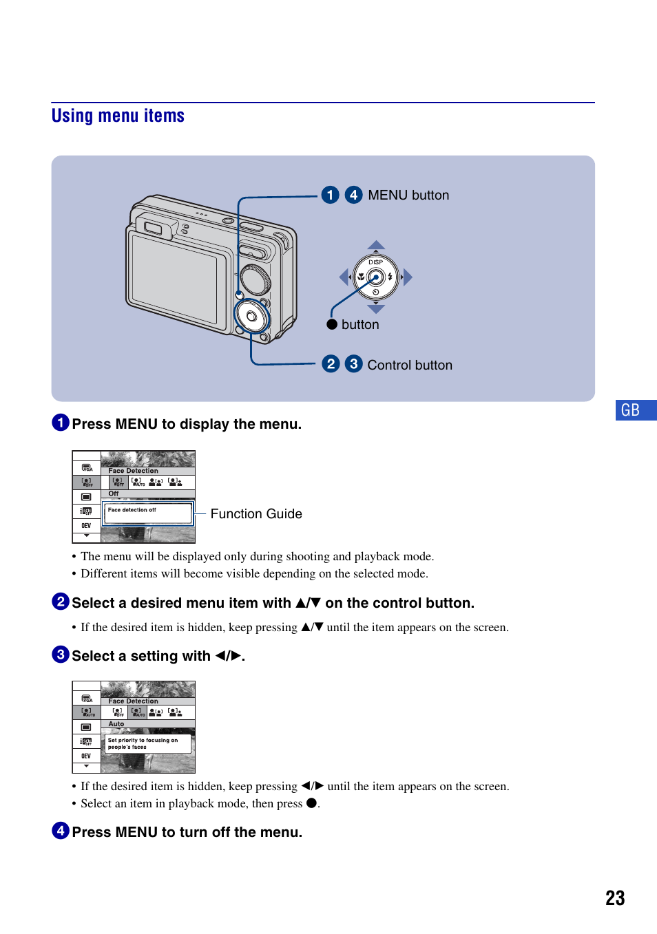 Using menu items, Using menu items 1 | Sony Cyber-shot 3-294-900-61(1) User Manual | Page 23 / 76