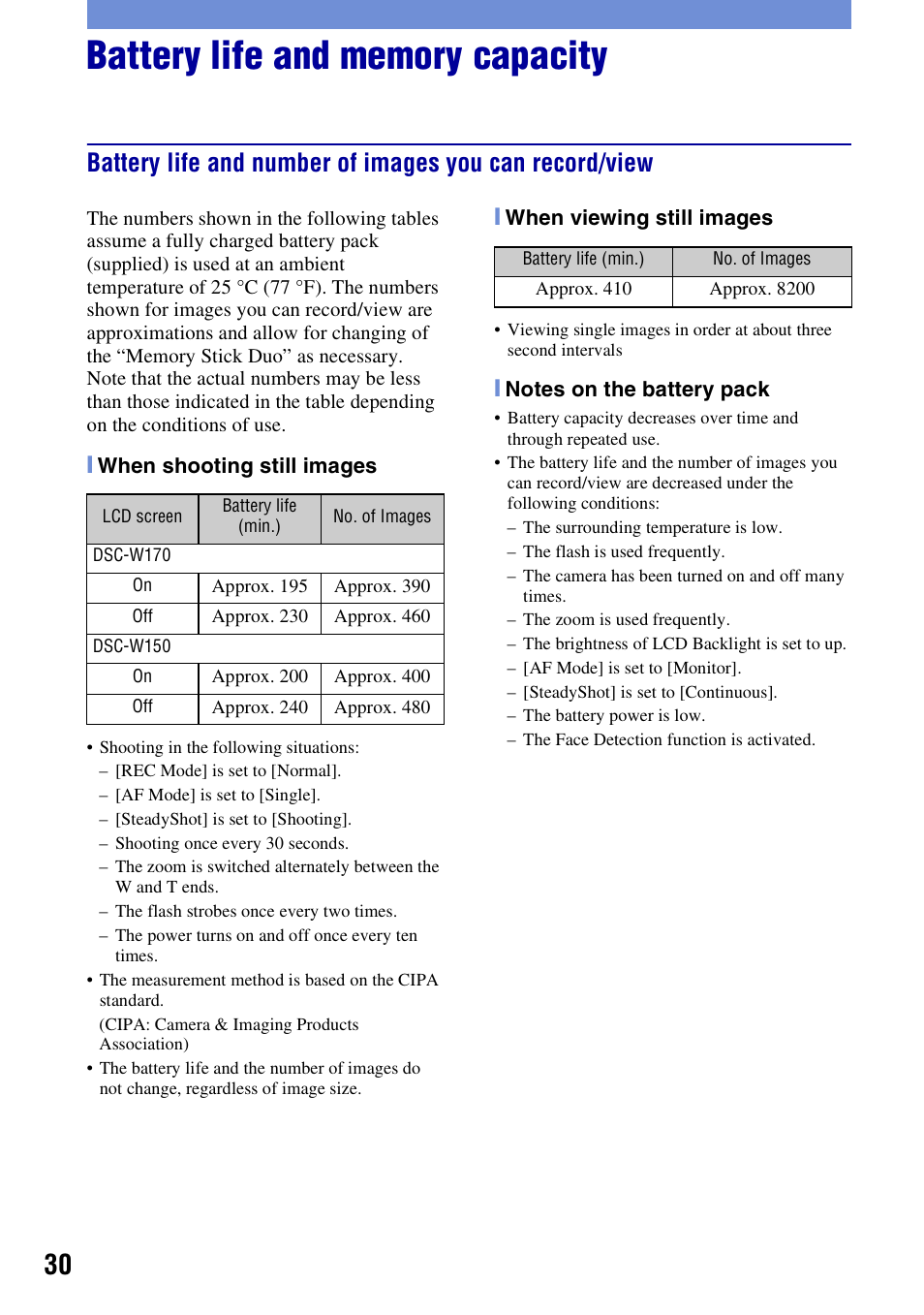 Battery life and memory capacity | Sony Cyber-shot 3-294-900-61(1) User Manual | Page 30 / 76