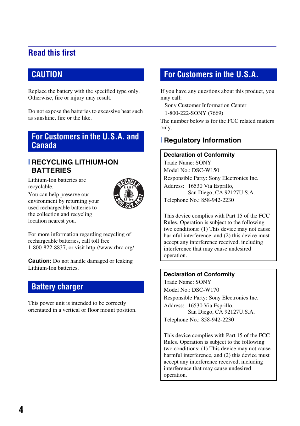 Read this first | Sony Cyber-shot 3-294-900-61(1) User Manual | Page 4 / 76