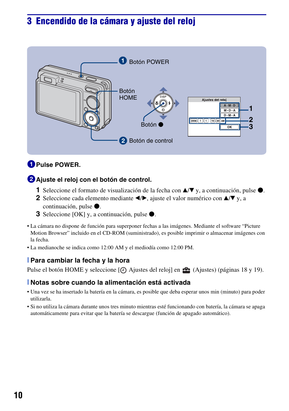3 encendido de la cámara y ajuste del reloj | Sony Cyber-shot 3-294-900-61(1) User Manual | Page 48 / 76