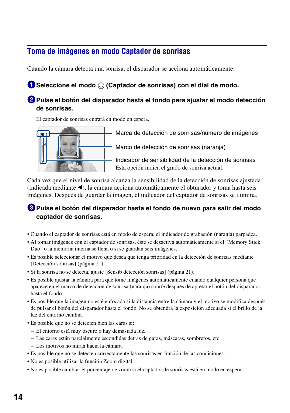 Toma de imágenes en modo captador de sonrisas | Sony Cyber-shot 3-294-900-61(1) User Manual | Page 52 / 76