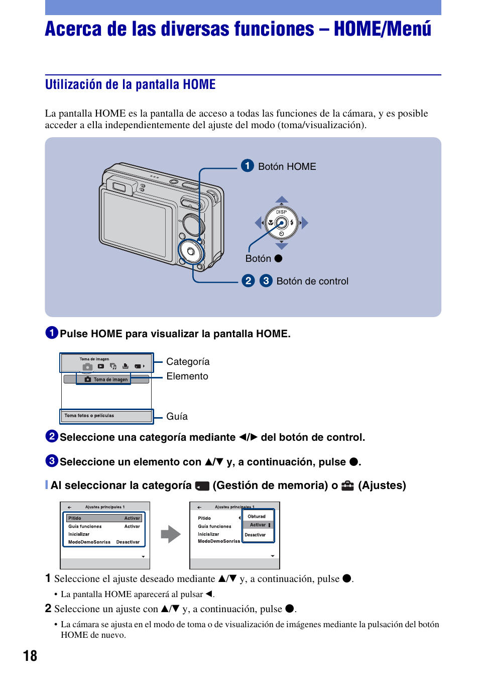 Acerca de las diversas funciones - home/menú, Utilización de la pantalla home, Acerca de las diversas funciones – home/menú | Sony Cyber-shot 3-294-900-61(1) User Manual | Page 56 / 76