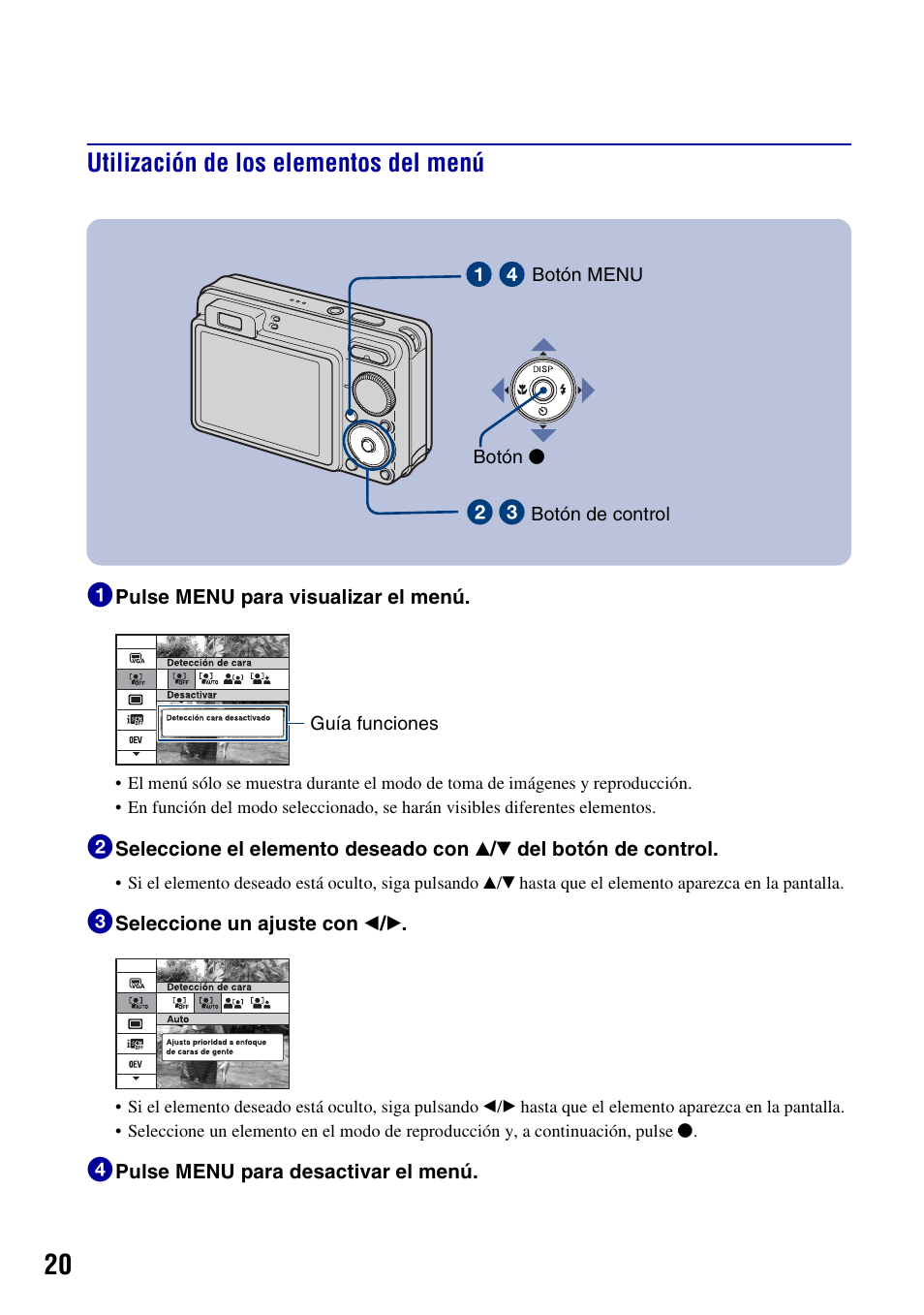 Utilización de los elementos del menú, Utilización de los elementos del menú 1 | Sony Cyber-shot 3-294-900-61(1) User Manual | Page 58 / 76