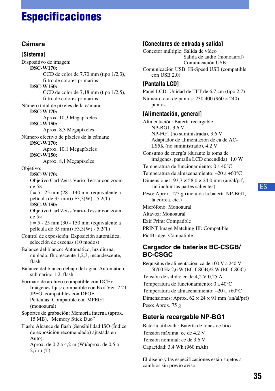Especificaciones | Sony Cyber-shot 3-294-900-61(1) User Manual | Page 73 / 76
