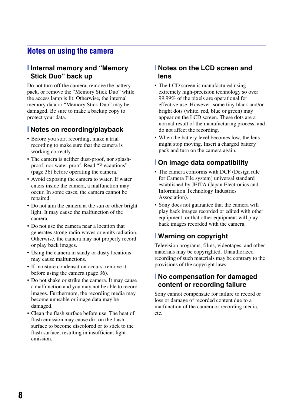 Notes on using the camera | Sony Cyber-shot 3-294-900-61(1) User Manual | Page 8 / 76