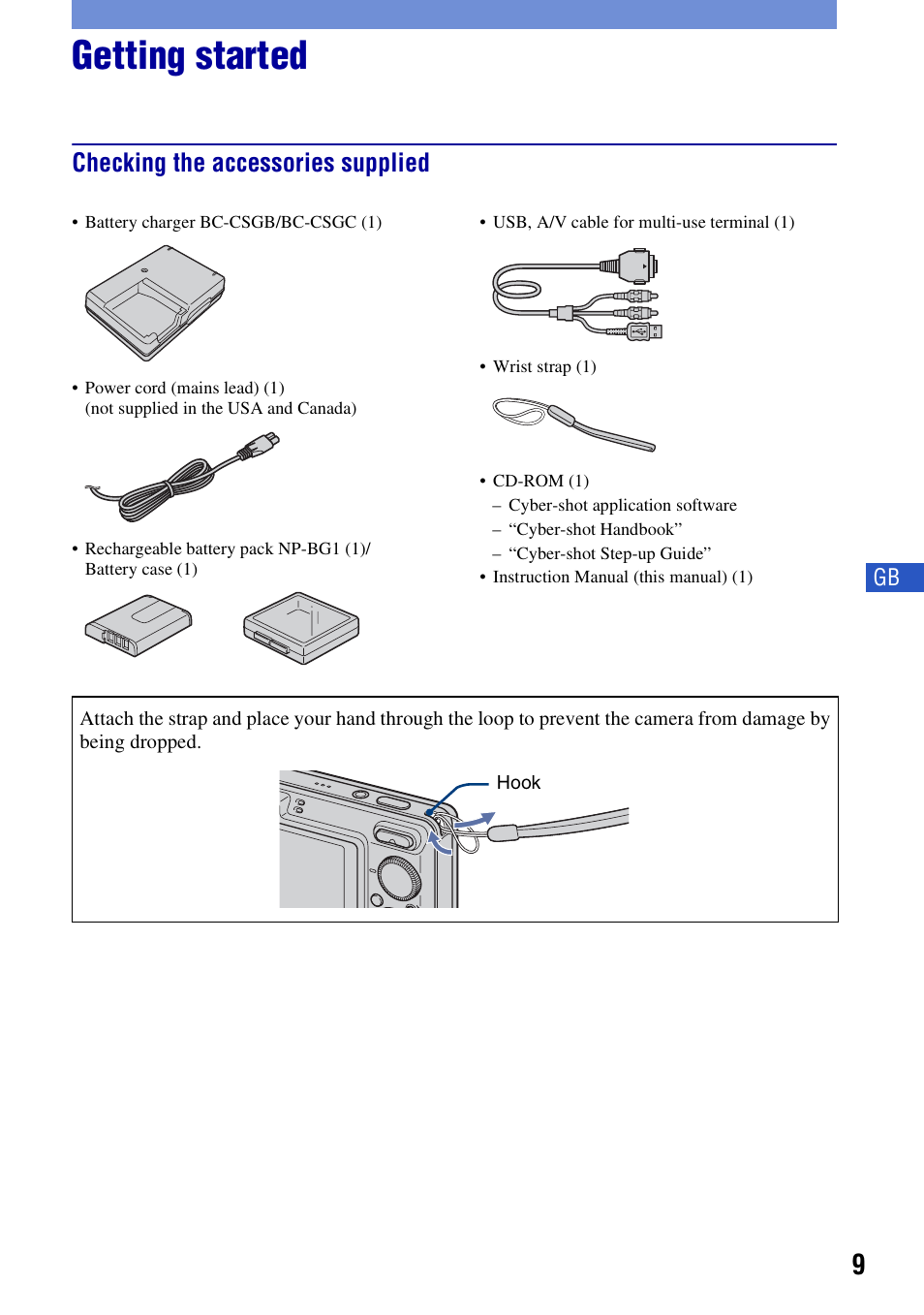 Getting started, Checking the accessories supplied | Sony Cyber-shot 3-294-900-61(1) User Manual | Page 9 / 76