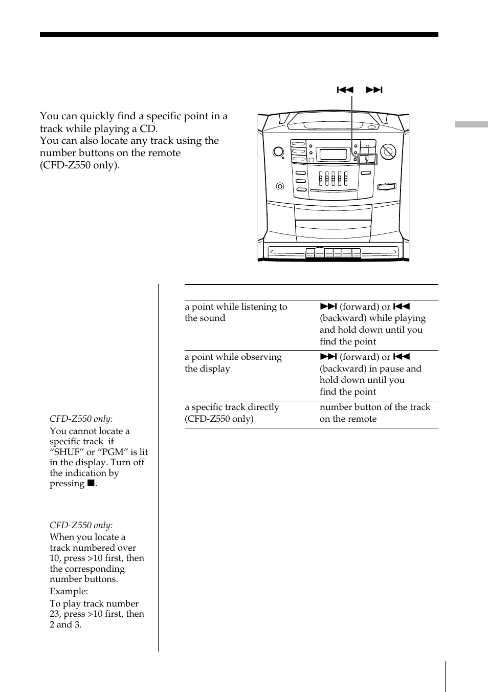 Locating a specific point in a track | Sony CFD-Z500 User Manual | Page 13 / 36