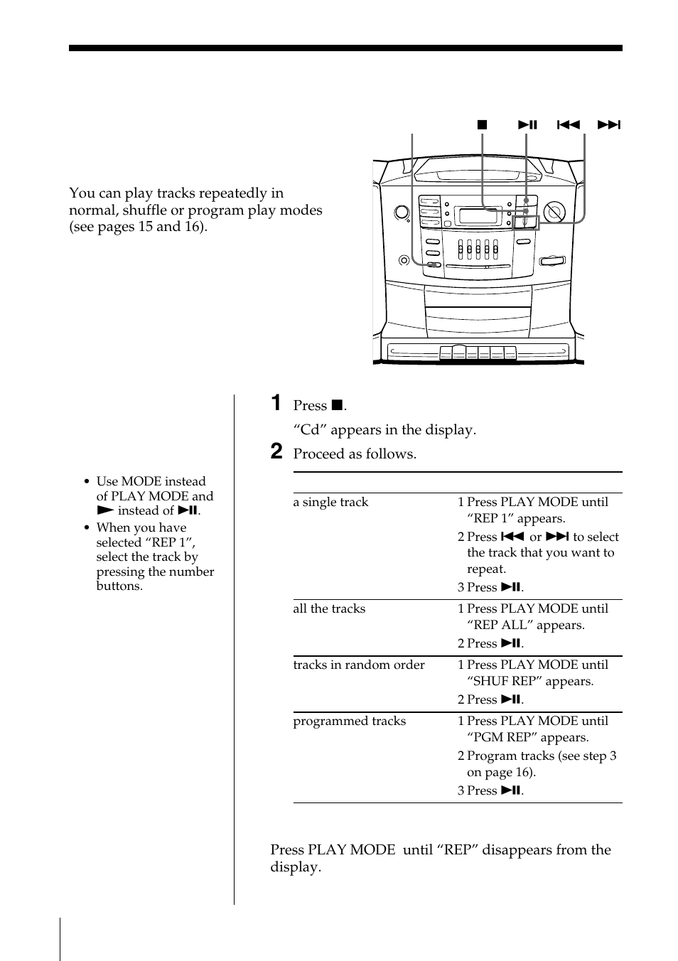 Playing tracks repeatedly | Sony CFD-Z500 User Manual | Page 14 / 36