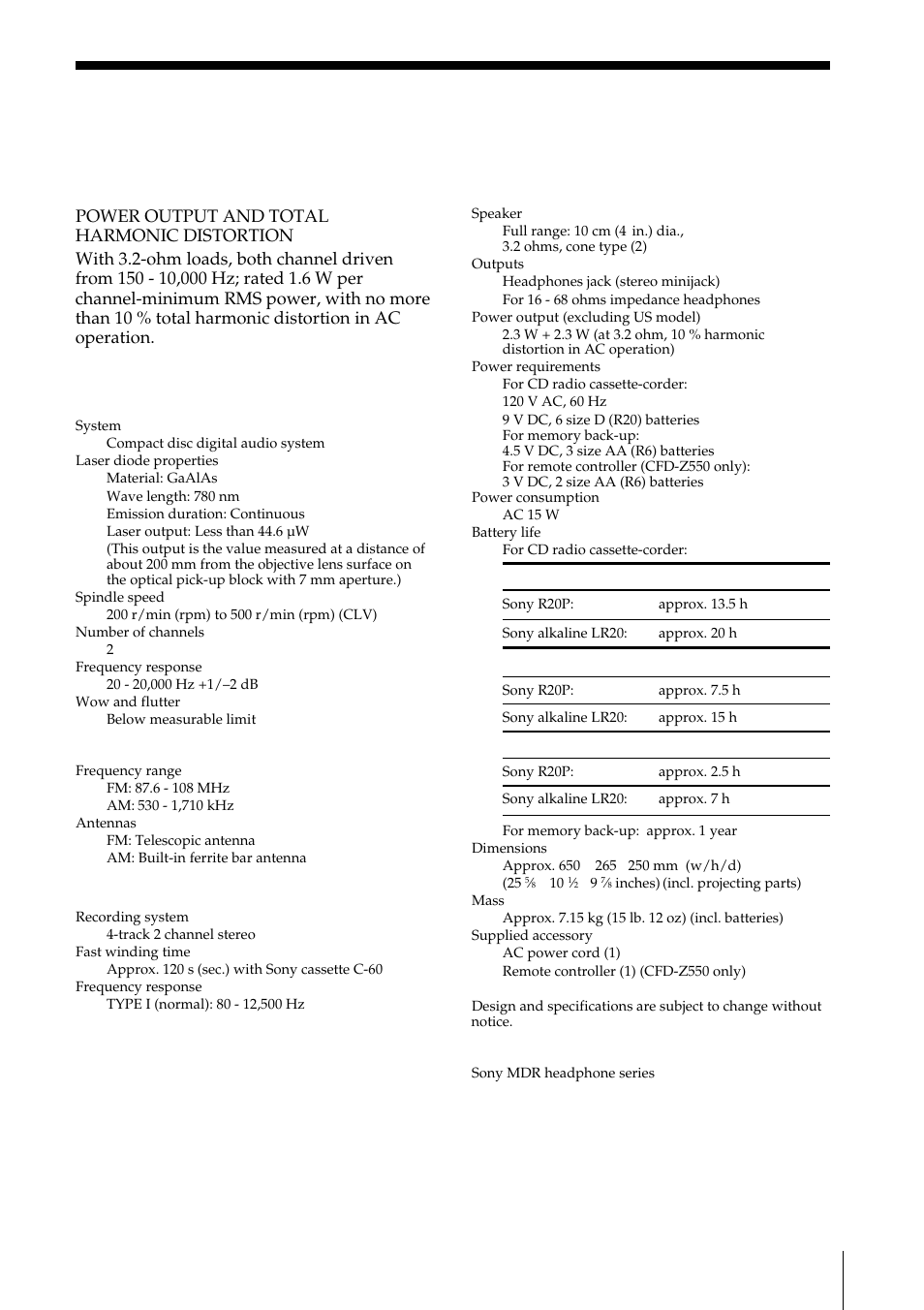 Specifications, Other specifications, Additional information | General, Optional accessories | Sony CFD-Z500 User Manual | Page 33 / 36