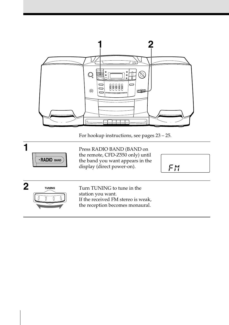 Listening to the radio | Sony CFD-Z500 User Manual | Page 6 / 36