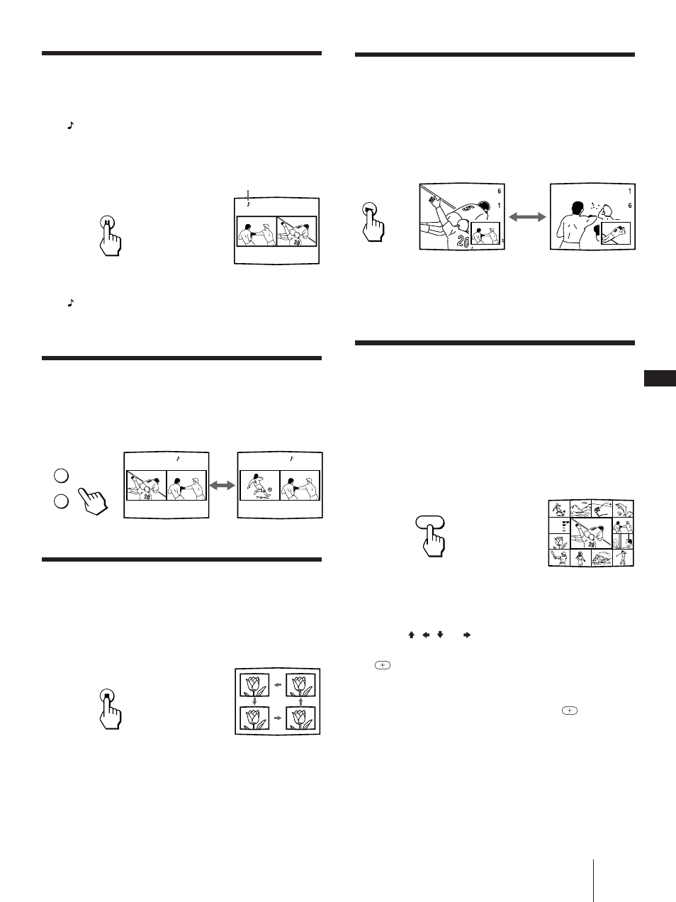 Swapping the main/right and window/ left pictures, Listening to the sound of the window/ left picture, Changing tv channels in the window/ left picture | Changing the position of the window picture | Sony KP 61V75 User Manual | Page 29 / 100