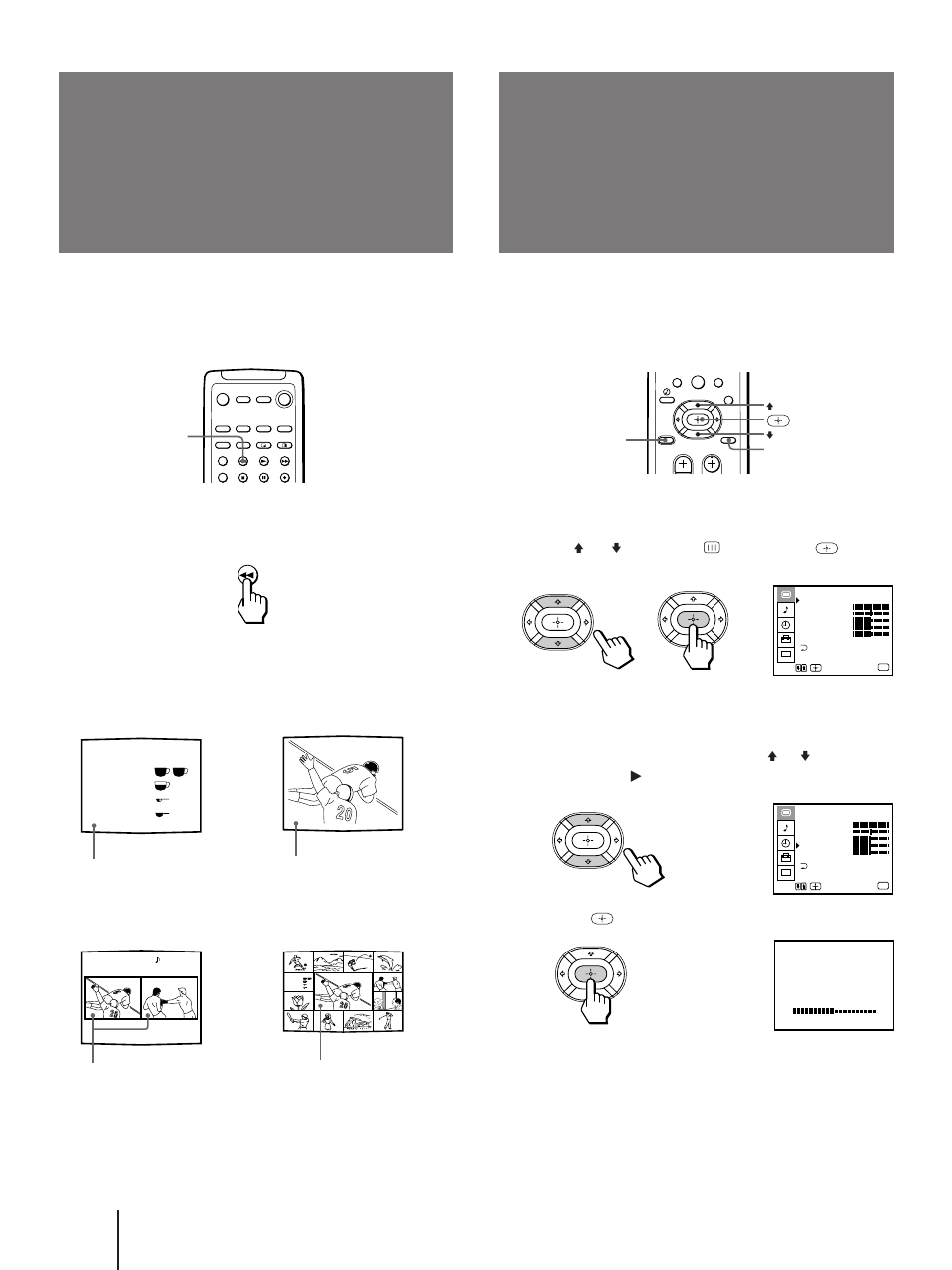 Freezing the picture, Adjusting the picture, Freeze) | Video), Press menu, Press v or v to select , and press, Normal mode pip mode, P&p mode ch index mode | Sony KP 61V75 User Manual | Page 30 / 100