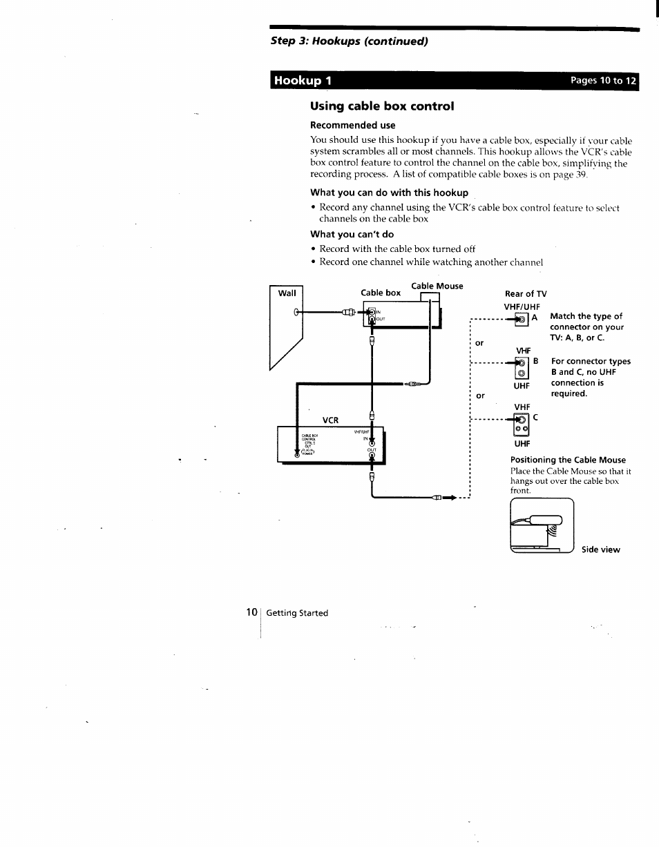 Using cable box control, Recommended use, What you can do with this hookup | What you can't do, Cable mouse, Side view, Step, 1 hookup 1, 1using cable box control | Sony SLV-775HF User Manual | Page 10 / 80