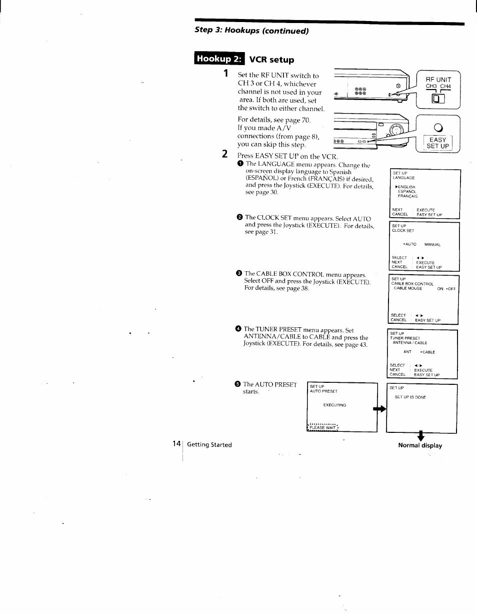 Hookup 2, Vcr setup, Step 3: hookups (continued) hookup 2; vcr setup | Press easy set up on the vcr, Normal display | Sony SLV-775HF User Manual | Page 14 / 80