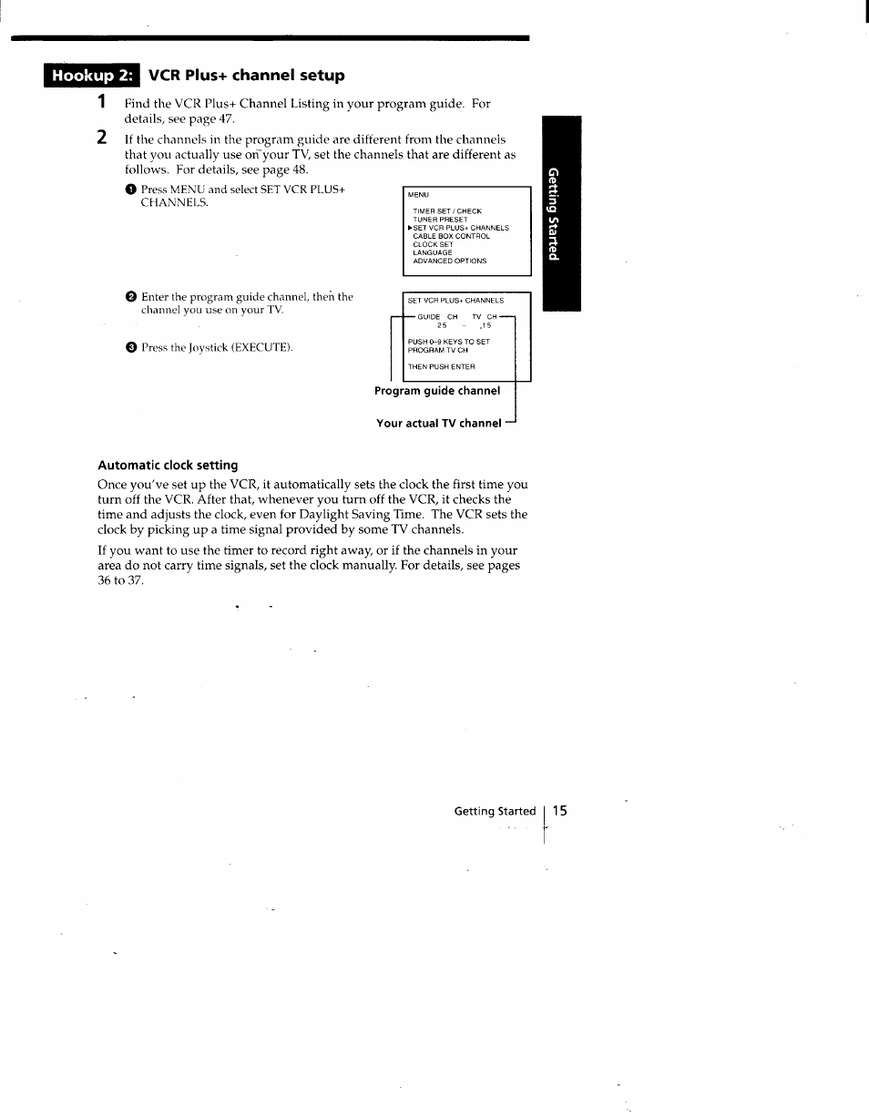 Program guide channel, Your actual tv channel, Hookup 2: vcr plus+ channel setup | Sony SLV-775HF User Manual | Page 15 / 80