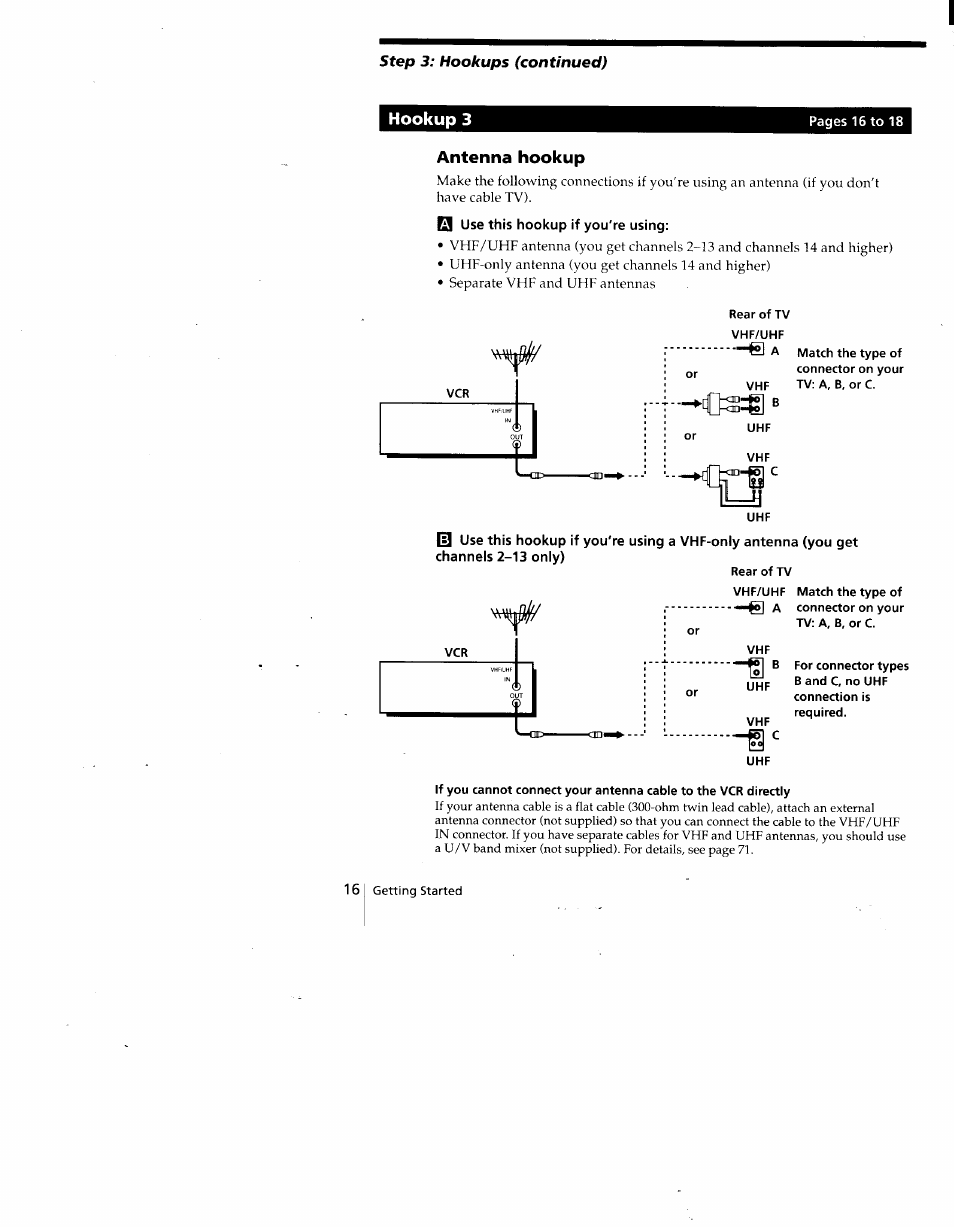 Antenna hookup, 0 use this hookup if you're using, Step | Hookup 3, 18 1 antenna hookup | Sony SLV-775HF User Manual | Page 16 / 80