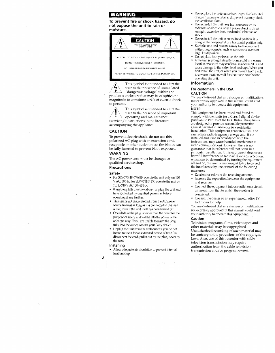 Warning, Caution, Precautions | Installing, Information | Sony SLV-775HF User Manual | Page 2 / 80