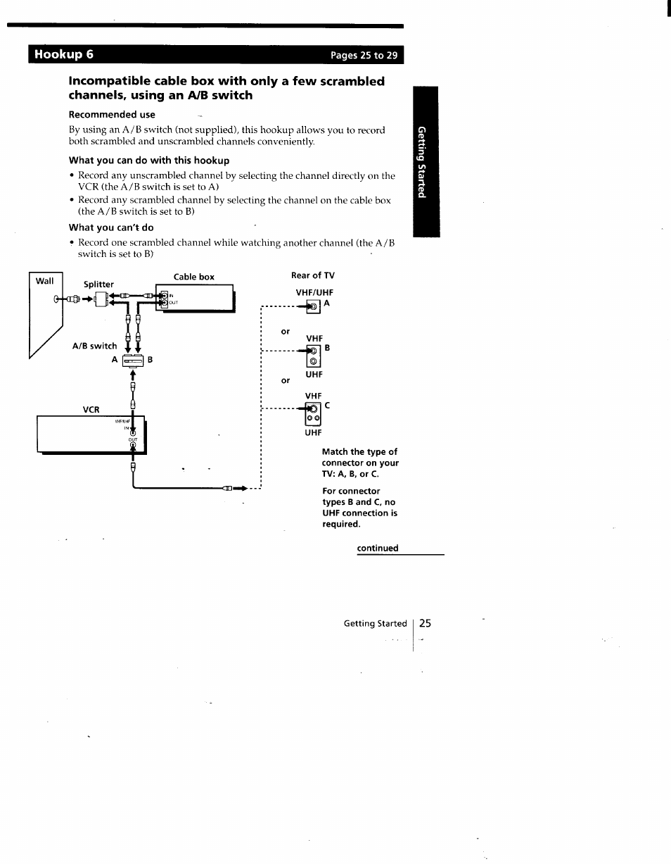 Recommended use, What you can do with this hookup, What you can't do | Rear of tv, Vhf/uhf |a, Continued, Hookup 6 | Sony SLV-775HF User Manual | Page 25 / 80