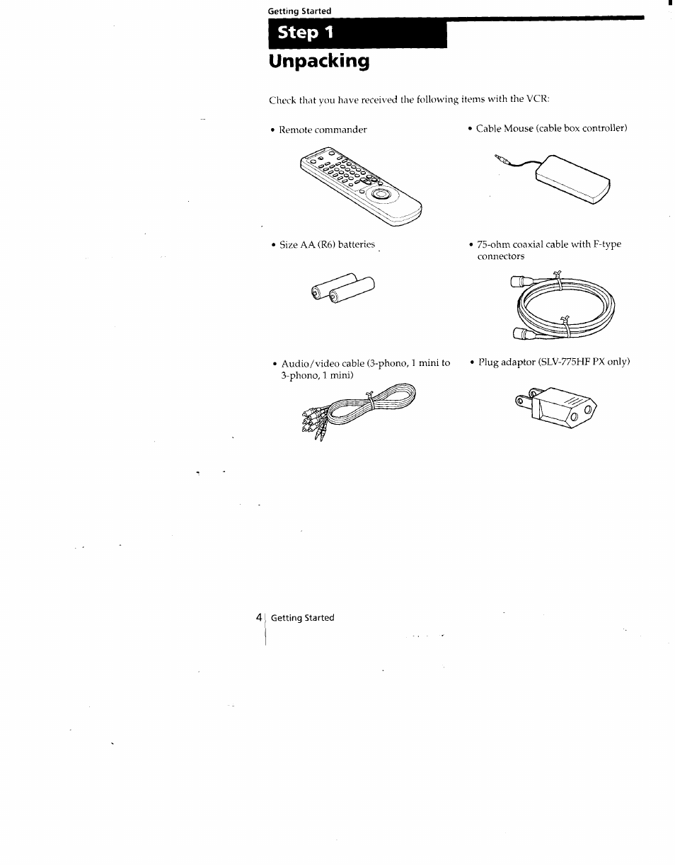 Unpacking, Step 1 unpacking | Sony SLV-775HF User Manual | Page 4 / 80